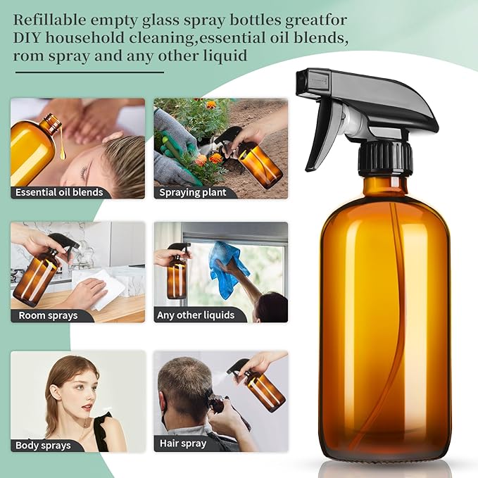 16oz Amber Glass Spray Bottles, 4 Pack Glass Spray Bottles Refillable Empty - Image 4
