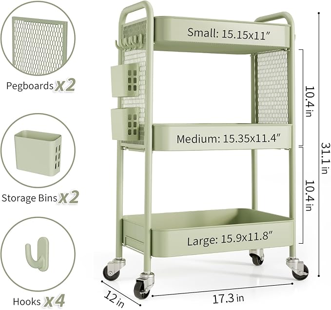 TOOLF 3 Tier Rolling Cart Storage Organizer, Metal Rolling Utility Cart - Image 6
