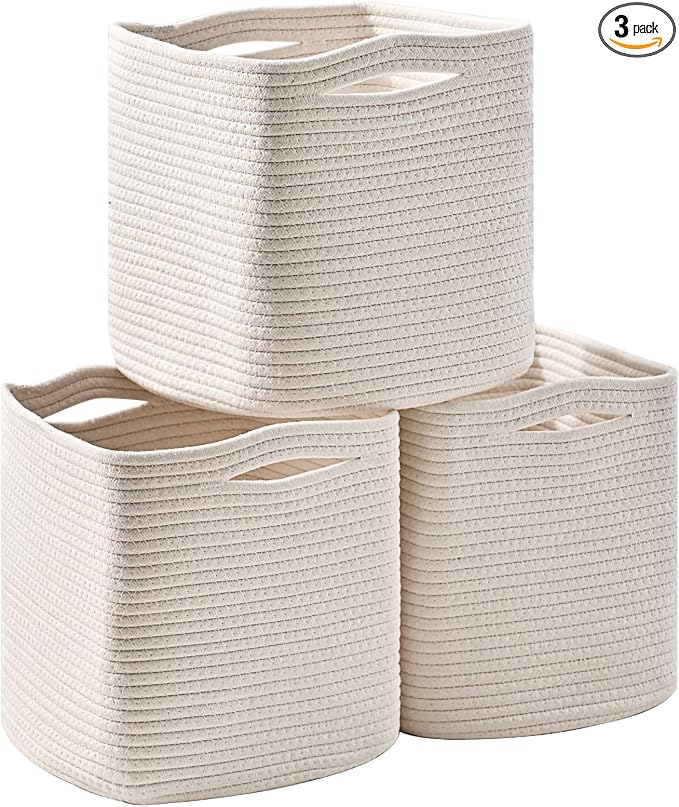 11 Inch Cube Storage Bins, Organizer Bins, Woven Cotton Rope Baskets by ICERZCZ