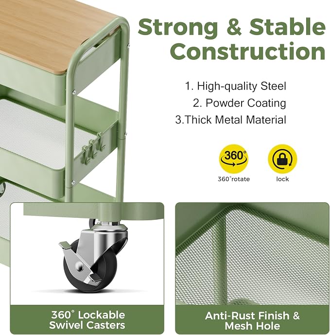 3 Tier Rolling Cart with Table top, Metal Rolling Utility Cart, Sturdy Storage - Image 2