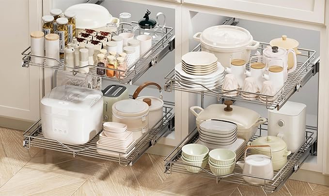 DINDON 2 Tier Pull Out Cabinet Organizer, Double Tier Wire Basket Slide Out - Image 8