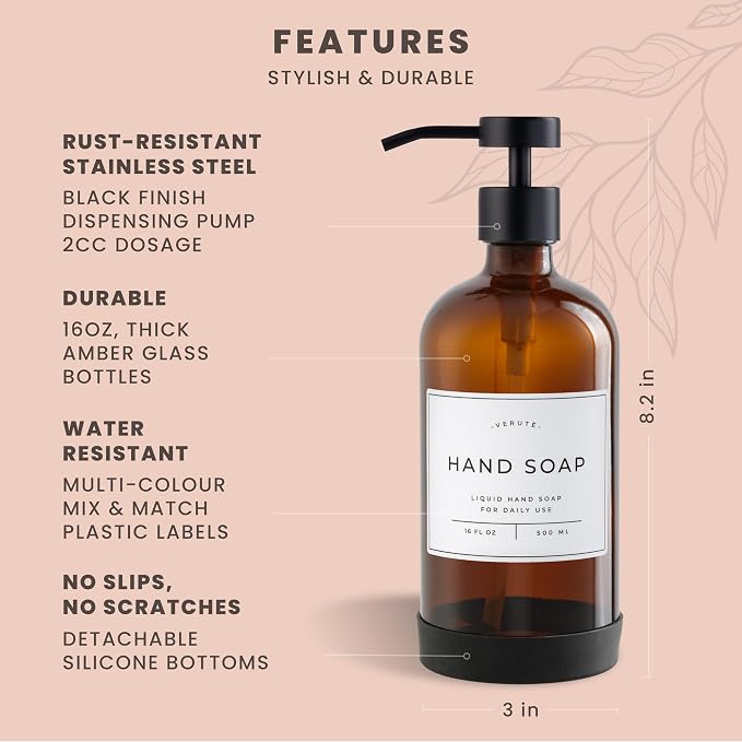 16oz Glass Soap Dispenser with Stainless Steel Pump, 21 Waterproof Labels - Image 6