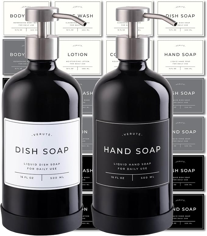 16oz Glass Soap Dispenser with Stainless Steel Pump, 21 Waterproof Labels by Verute