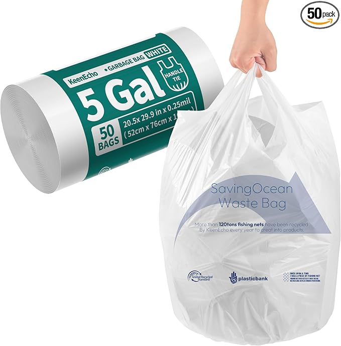 Small Trash Bags with Handles 5 Gallon 50 Count White by KeenEcho