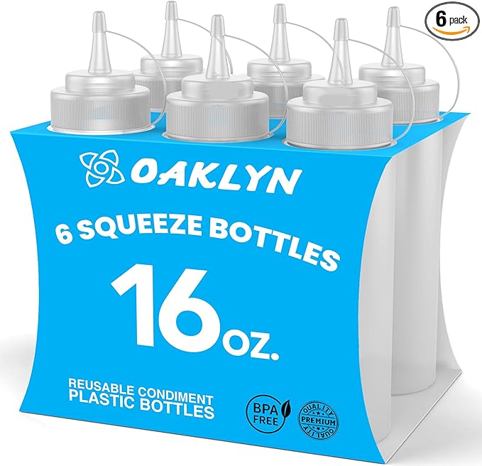 Oaklyn Squirt Bottles 16oz, 6 Pack – BPA-Free Condiment Squeeze Bottles by Oaklyn