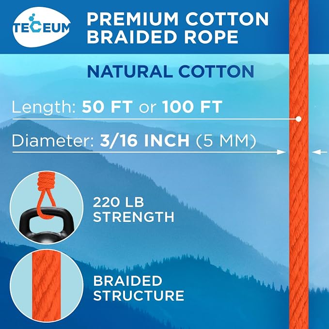 TECEUM Cotton Rope 3/16” – 50 FT – Strong All-Purpose Braided Rope – Natural - Image 2