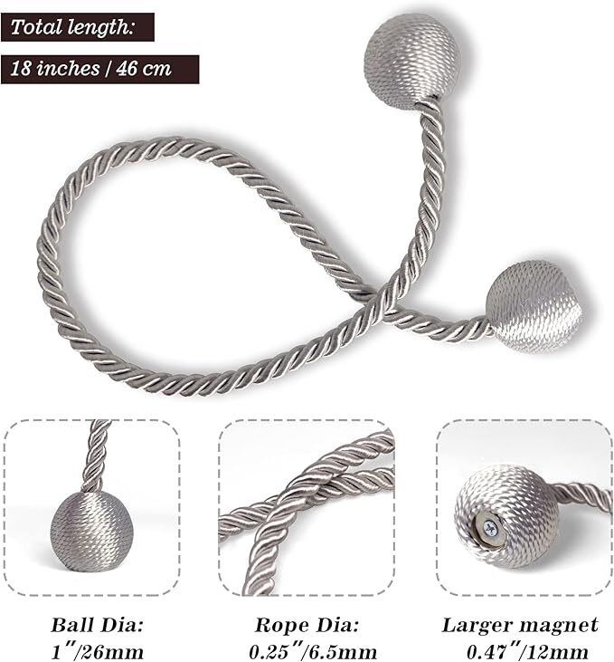 Hion Magnetic Curtain Tiebacks Grey 6 Pack, Curtain Tiebacks Buckles Holdbacks - Image 2