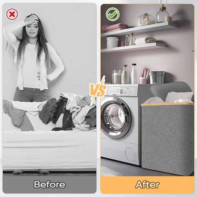 BALEINE Laundry Hamper with Lid, Tall Laundry Baskets with Bamboo Pull Handles - Image 7