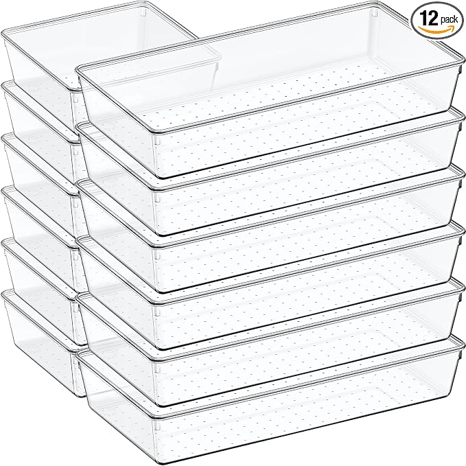 12 Pack Large Clear Plastic Drawer Organizer Set, Acrylic Bathroom Organizer by Criusia