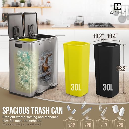 CAPHAUS Black Dual Trash Can w/Double Lid, Trash & Recycle Bins Combo, - Image 3