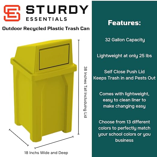 32 Gallon Square 100% Recycled Plastic Heavy Duty Outdoor Trash Can - Image 2