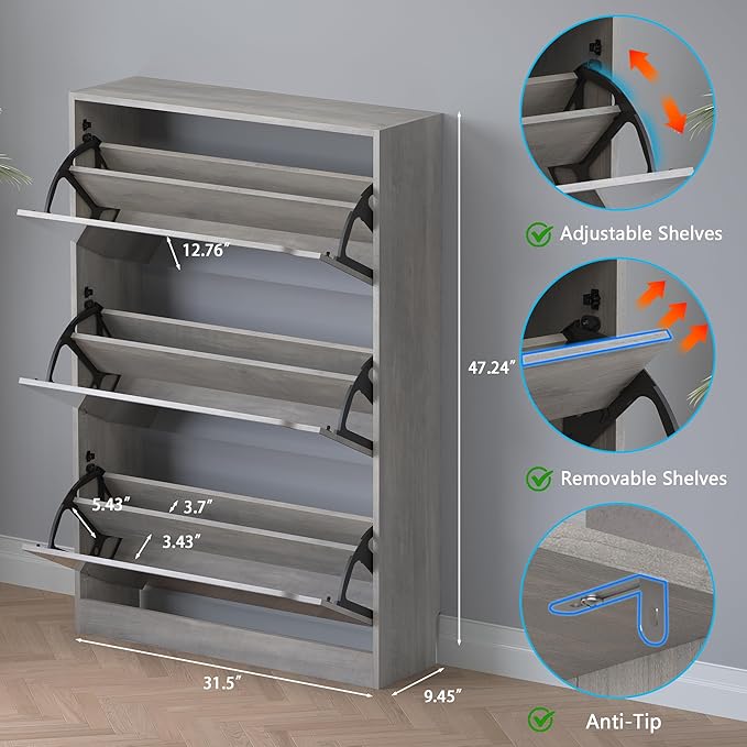 Shoe Cabinet with 3-Flip Mirror Drawers, Freestanding Shoe Rack Organizer with - Image 2