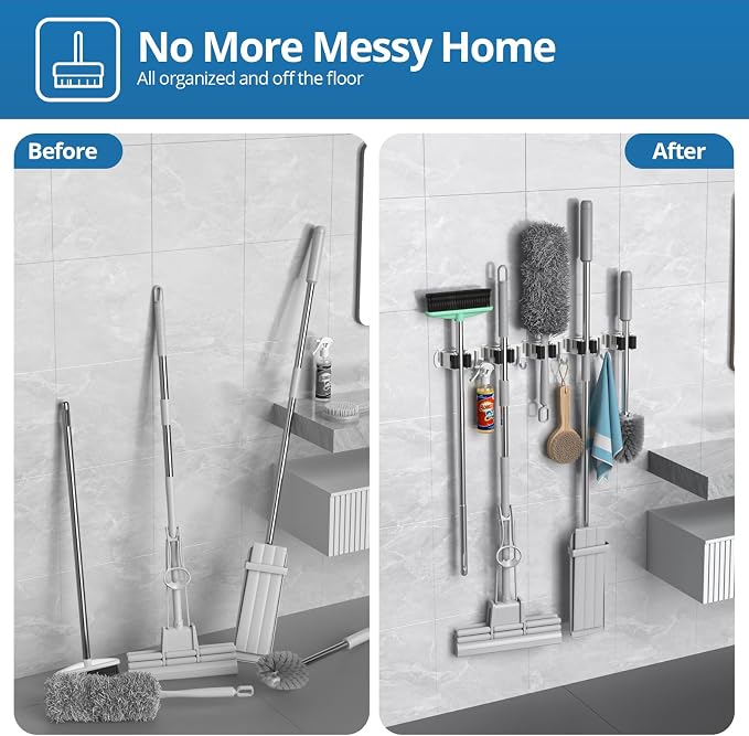 2 Pack Broom Holder Wall Mount Mop and Broom Hanger Broom Organizer Storage - Image 3