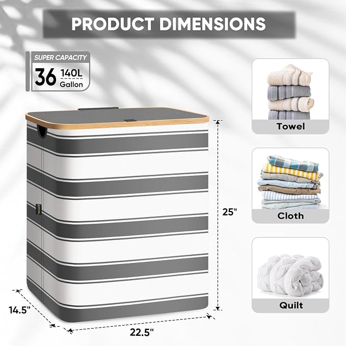 BALEINE Laundry Hamper with Lid, Tall Laundry Baskets with Bamboo Pull Handles - Image 4