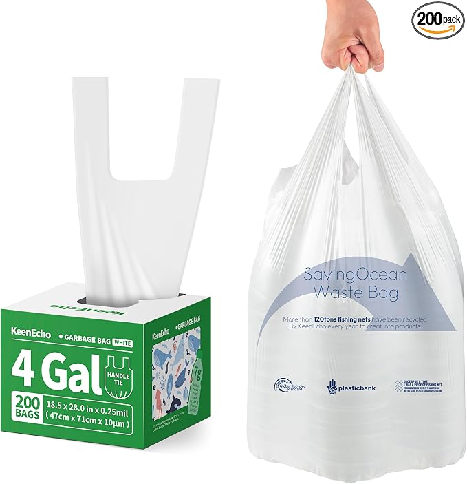 Small Trash Bags with Handles 4 Gallon 200 Count White by KeenEcho