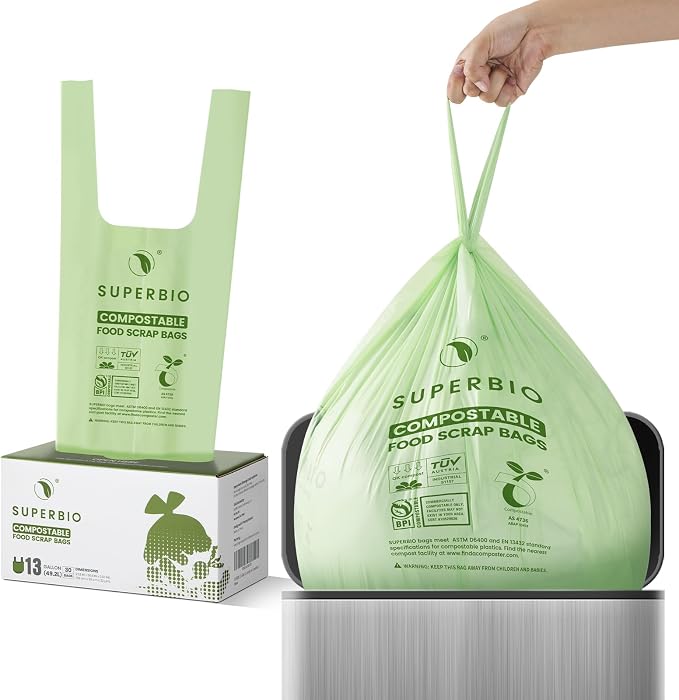 SUPERBIO 13 Gallon Handle Tie Compostable Food Waste Bags, 2 Pack, ASTM D6400 - Image 7