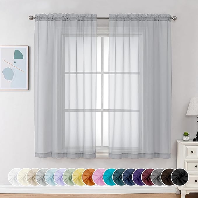 Chyhomenyc Light Grey Sheer Curtains 54 Inch Long 2 Panels, Light Filtering Rod by Chyhomenyc