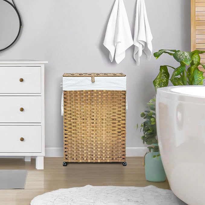 70L Slim Laundry Hamper with Lid & Wheels, Rolling Laundry Basket with 2 - Image 3
