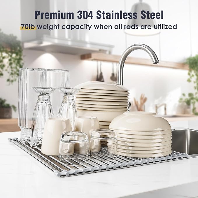 Tomorotec Stainless Steel Roll-Up Dish Drying Rack Marble Color Silicone Edges - Image 5