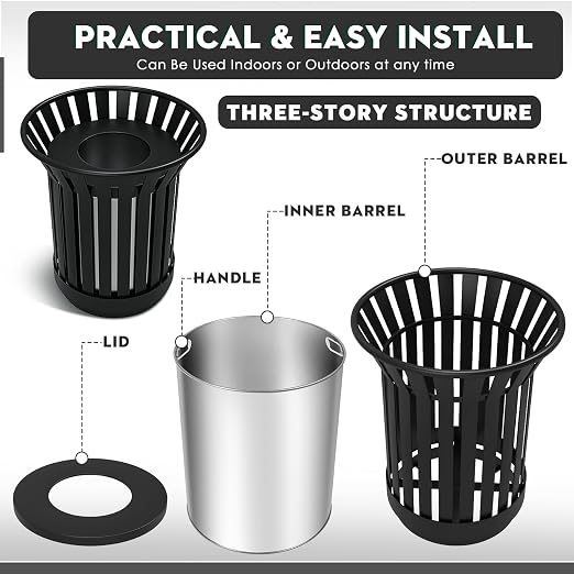 25.2IN Large Round Large Outdoor Trash Can, Heavy Duty Metal Slatted Garbage - Image 6