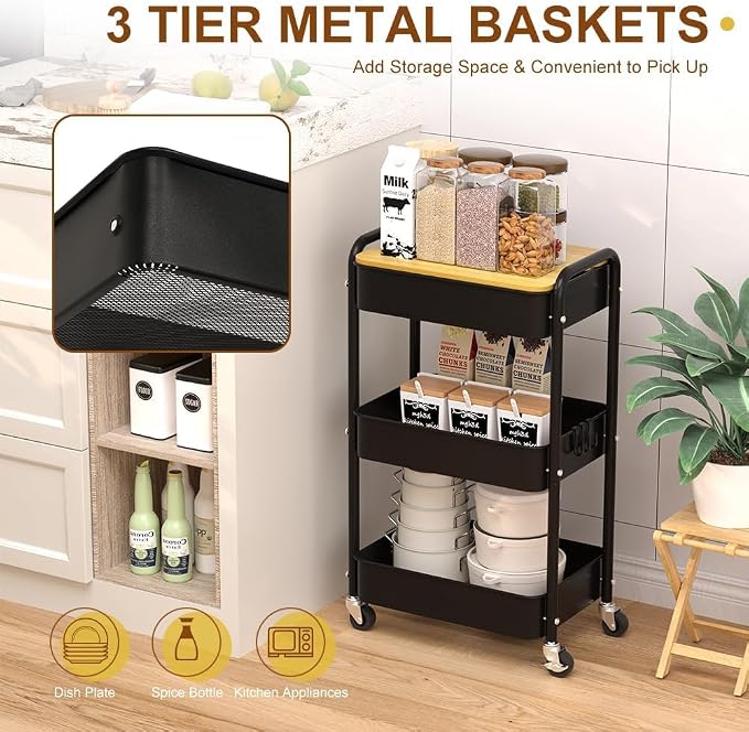 3 Tier Metal Utility Cart, Rolling Storage Cart - Image 5