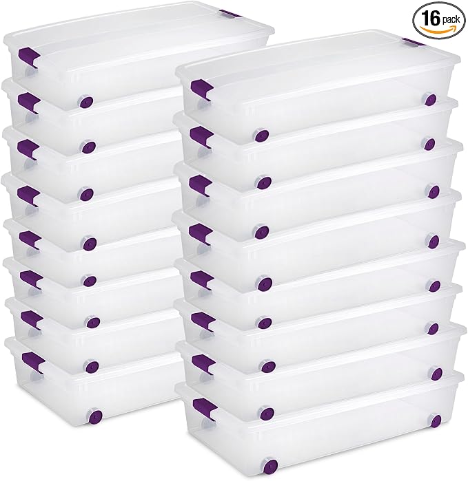 Sterilite 16-Pack 60 Quart ClearView Latch Box, Wheeled Underbed Organizer Bins by Sterilite