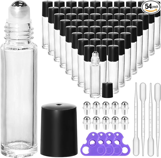 KEYWING 54 Pack Clear Essential Oil Roller Bottles – 10ml Glass Roll-On Bottles by KEYWING