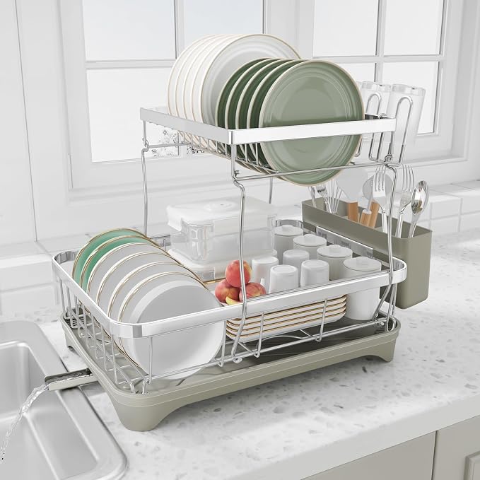 Dish Drying Rack, 2 -Tier 304 Stainless Steel Adjustable Spout Auto-Draining by HOMEBOSILY