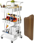 3 Tier Rolling Cart with Metal Handle, Table Top, Hanging Cups, Plastic Storage by GiveUsaChanceGiveYouMoreProbability