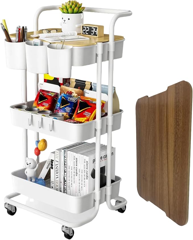 3 Tier Rolling Cart with Metal Handle, Table Top, Hanging Cups, Plastic Storage by GiveUsaChanceGiveYouMoreProbability