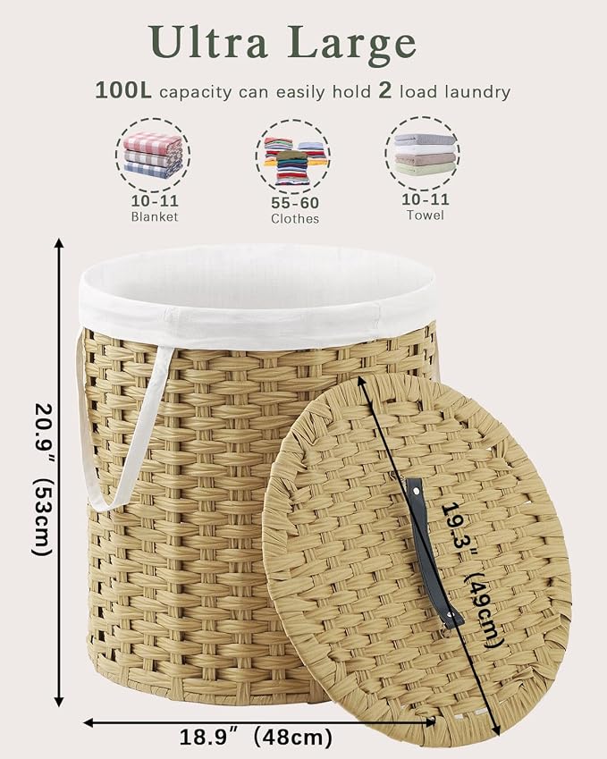 Laundry Hamper with Lid Wicker Laundry Hamper Round 26.5 Gal Laundry Basket - Image 4