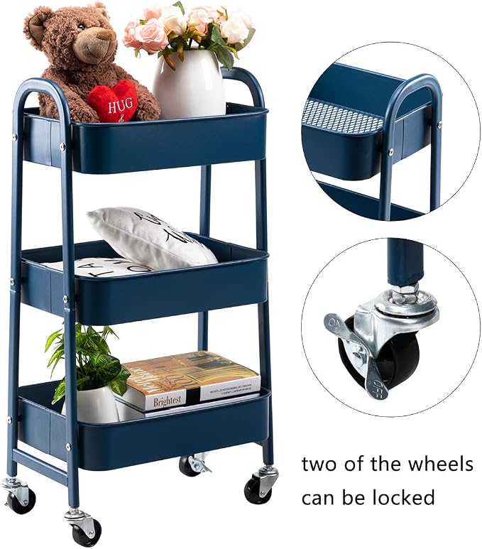 AGTEK Makeup Cart, Movable Rolling Organizer Cart, 3 Tier Metal Utility Cart - Image 4