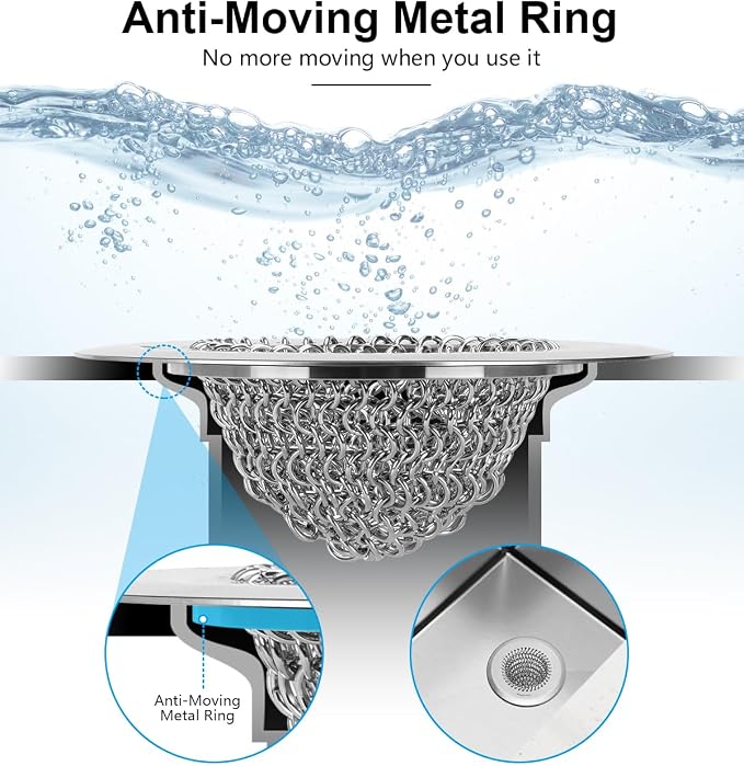 2 Pcs Sink Drain Strainer: Anti-Slip Flexible Chainlink, 304 Stainless Steel. - Image 3