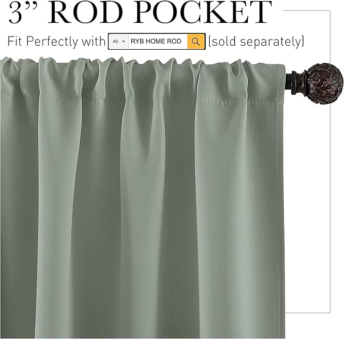RYB HOME Grayish Green Short Curtains Blackout, 30 inch Durable Cafe Curtains - Image 2