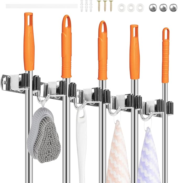2Pcs 5 Racks 4 Hooks Stainless Steel Broom Mop Holder Anti Slip Wall Mount - Image 9