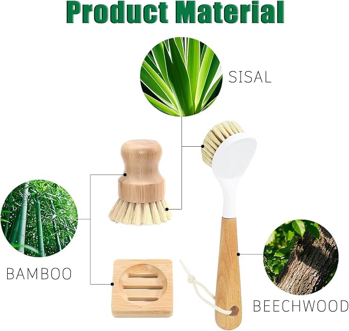 Natural Bristle Dish Brush Set, 1 Wooden Dish Brush and 1 Bamboo Dish Brush - Image 8