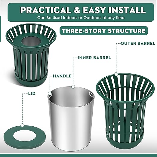 8Gallon/30L Commercial Outdoor & Indoor Metal Trash Can, Outdoor Slatted Trash - Image 5