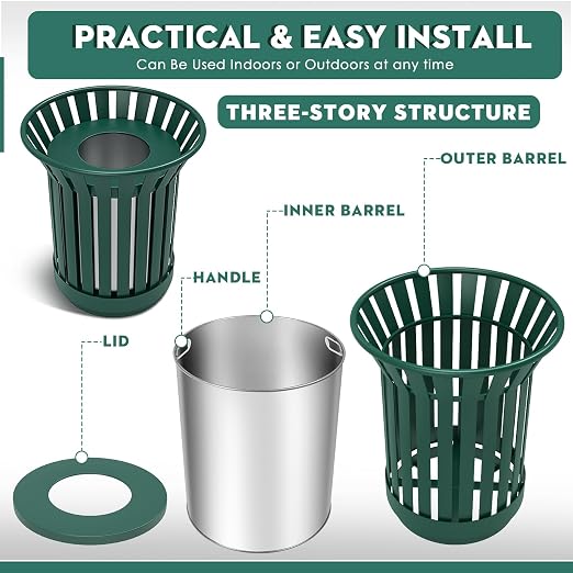 8Gallon Round Large Outdoor Trash Can, Heavy Duty Metal Slatted Garbage Can - Image 6