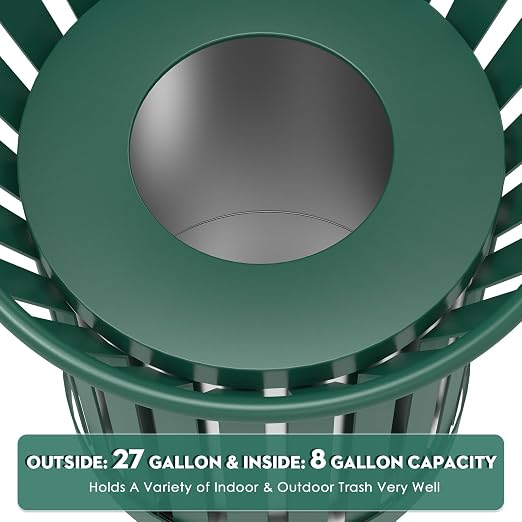 25.2IN Round Large Outdoor Trash Can, Heavy Duty Metal Slatted Garbage Can - Image 5