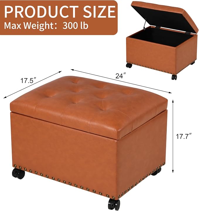24" Square Ottomans with Storage, Leather Ottoman with Storage with Lockable - Image 3