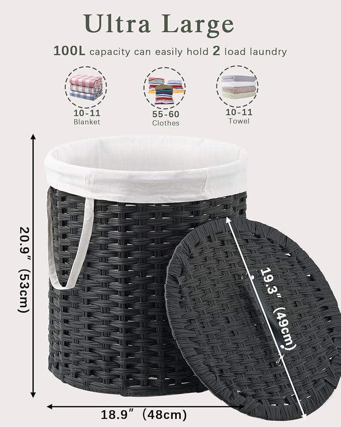 Laundry Hamper with Lid Wicker Laundry Hamper Round 26.5 Gal Laundry Basket - Image 4
