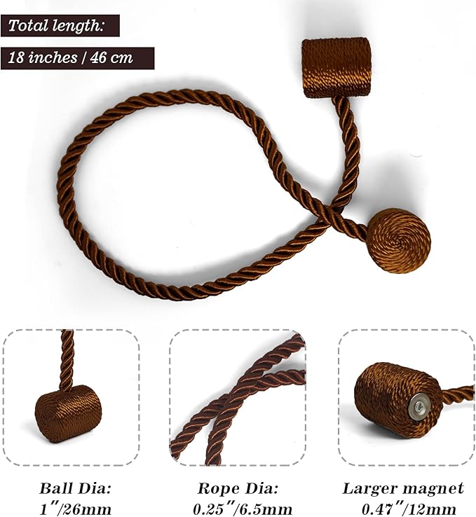 Hion Magnetic Curtain Tiebacks Dark Brown 6 Pack, Curtain Tiebacks Buckles - Image 2