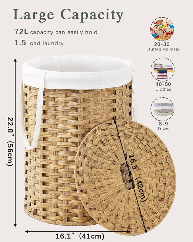 Laundry Hamper with Lid Laundry Basket with Lid 19.0 Gal Round Wicker Laundry - Image 4