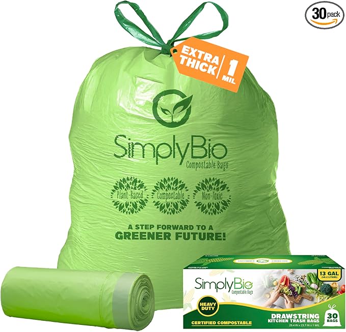 Simply Bio 13 Gallon Compostable Trash Bags Liners Drawstring, Heavy Duty Extra by SimplyBio