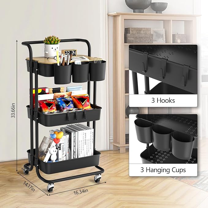 3 Tier Rolling Cart with Metal Handle, Table Top, Hanging Cups, Plastic Storage - Image 3