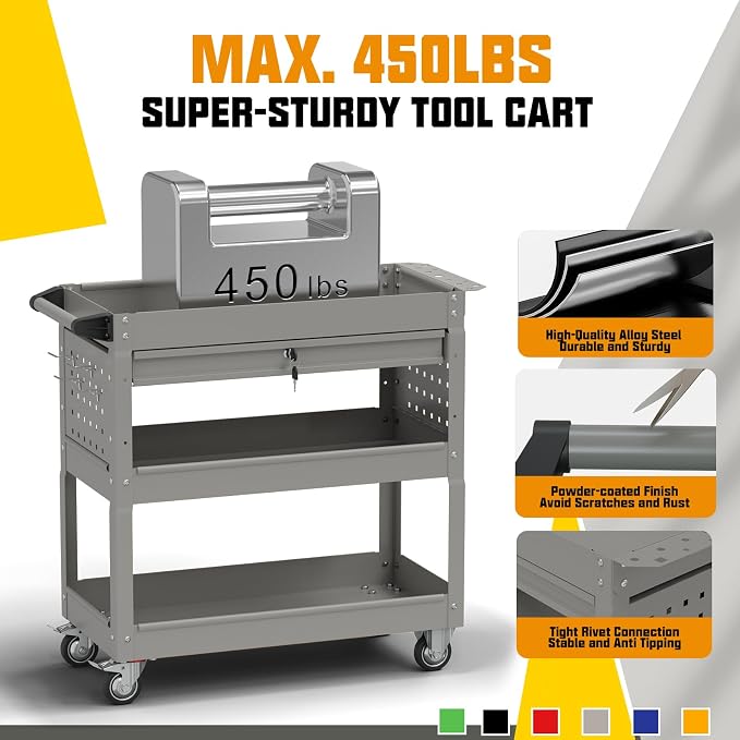 3 Tier Rolling Tool Cart with Drawers, 450 LBS Capacity Tool Cart on Wheels - Image 3