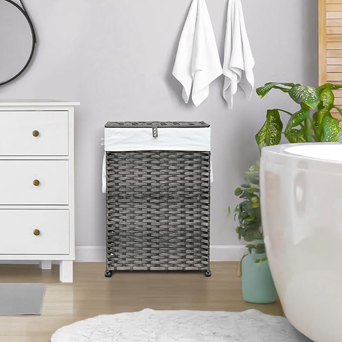 70L Slim Laundry Hamper with Lid & Wheels, Rolling Laundry Basket with 2 - Image 3