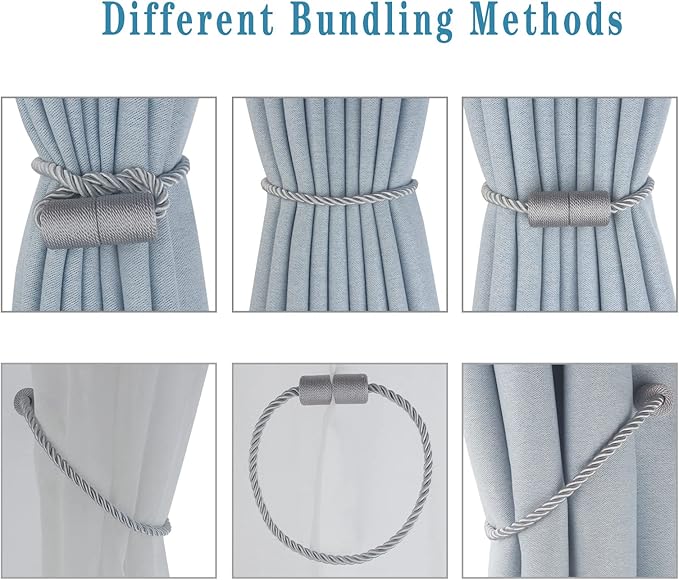 Magnetic Curtain Tiebacks 4 Pack Grey Curtain Rope Tieback Curtain Holders - Image 4