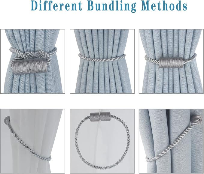 Magnetic Curtain Tiebacks 6 Pack Grey Curtain Rope Tieback Curtain Holders - Image 4