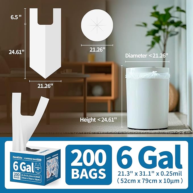 Small Trash Bags with Handles 6 Gallon 200 Count White - Image 6